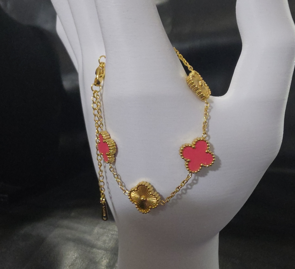 Gold Plated Bracelet with Pink Clover Accents